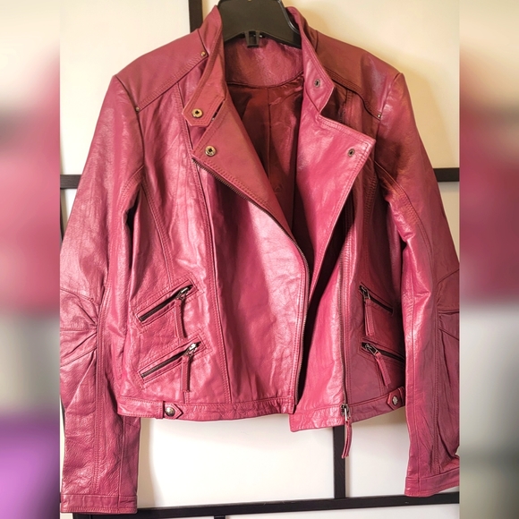 unique Jackets & Blazers - STUNNING MAGENTA GENUINE LEATHER BIKER JACKET WITH BUNCHED COMFORTABLE SLEEVES